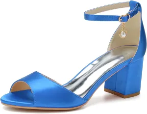 TNXZ 6Cm Women Satin Peep Toe Block Heel Sandals Bridal Wedding Shoes for Bride Ankle Strap Buckle Bridesmaid Shoes