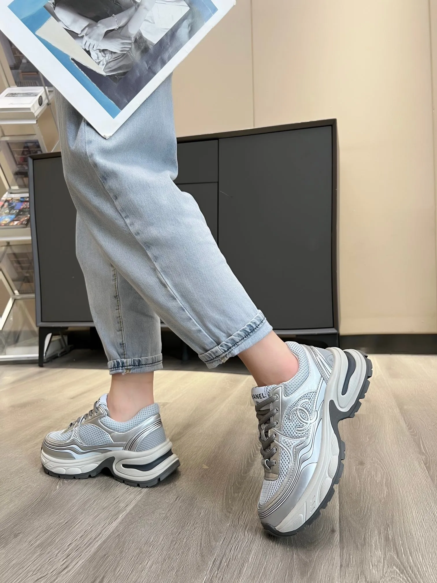 trainer black Easter discount grey Voice-controlled mesh CHANEL grey calfskin