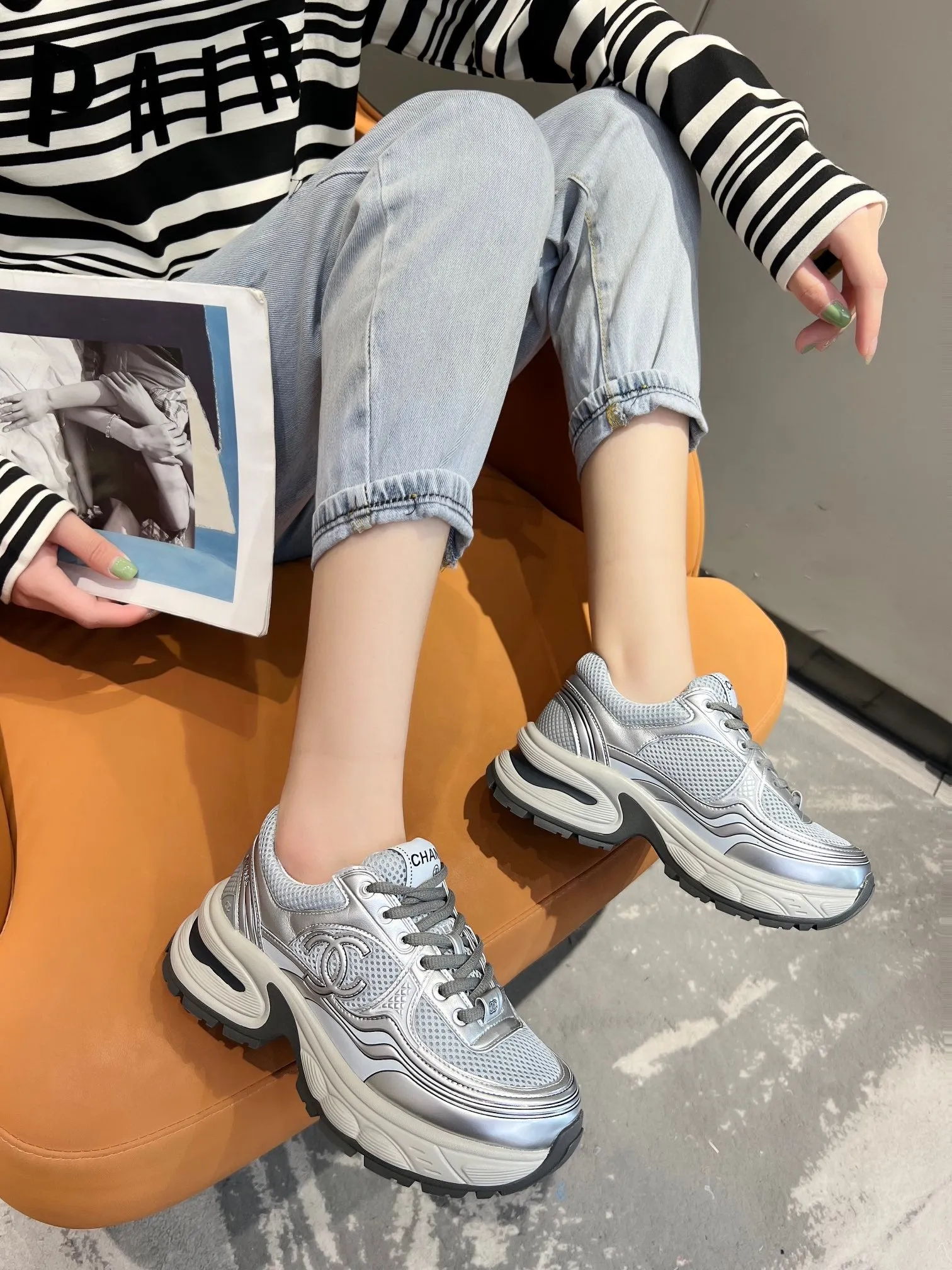 trainer black Easter discount grey Voice-controlled mesh CHANEL grey calfskin