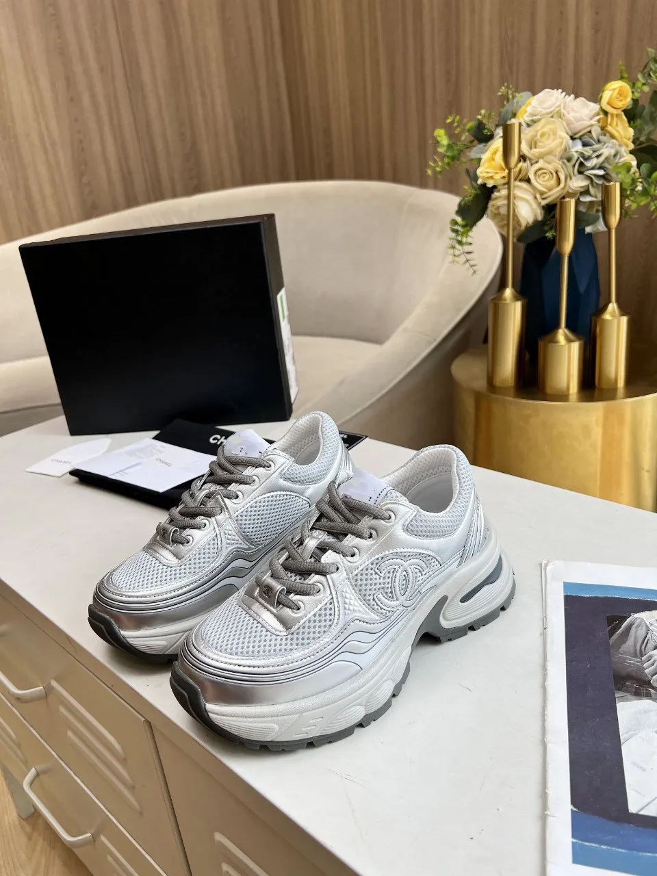 trainer black Easter discount grey Voice-controlled mesh CHANEL grey calfskin
