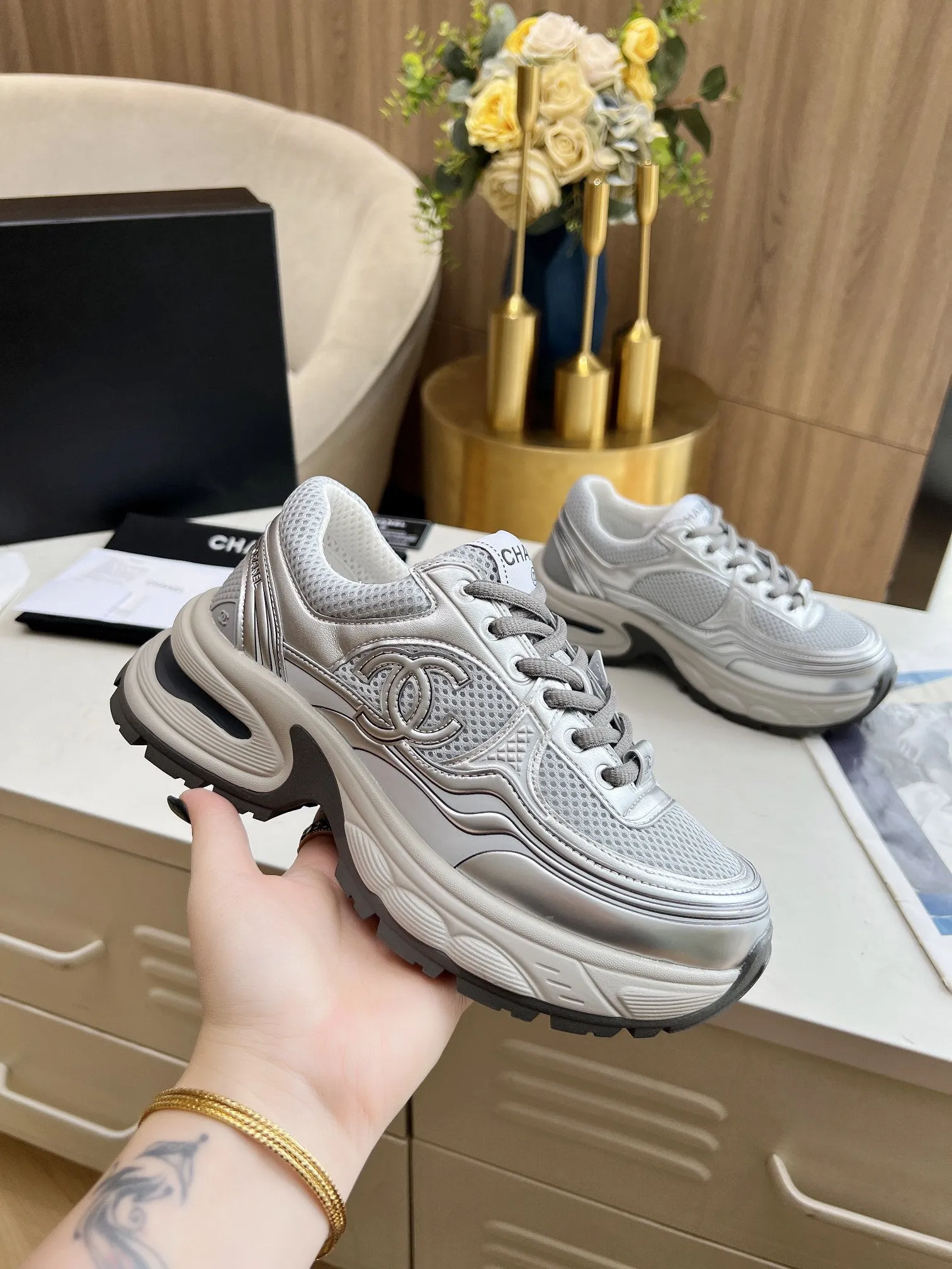 trainer black Easter discount grey Voice-controlled mesh CHANEL grey calfskin