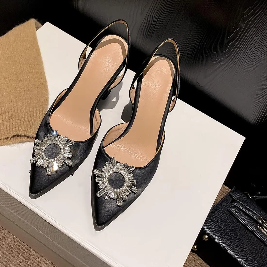 VOKLIN Women's Fashion Rhinestone Slingback Dress Pumps Pointed Toe Kitten Heels Wedding Party Sandals Shoes