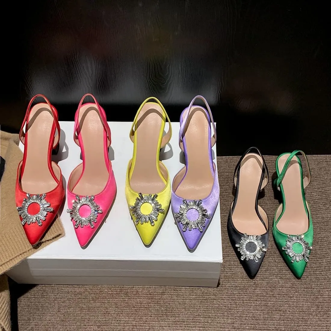 VOKLIN Women's Fashion Rhinestone Slingback Dress Pumps Pointed Toe Kitten Heels Wedding Party Sandals Shoes