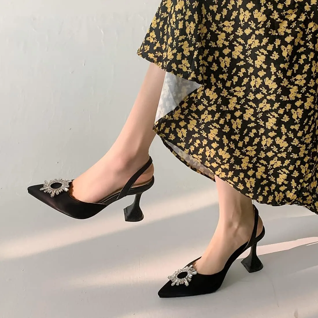 VOKLIN Women's Fashion Rhinestone Slingback Dress Pumps Pointed Toe Kitten Heels Wedding Party Sandals Shoes