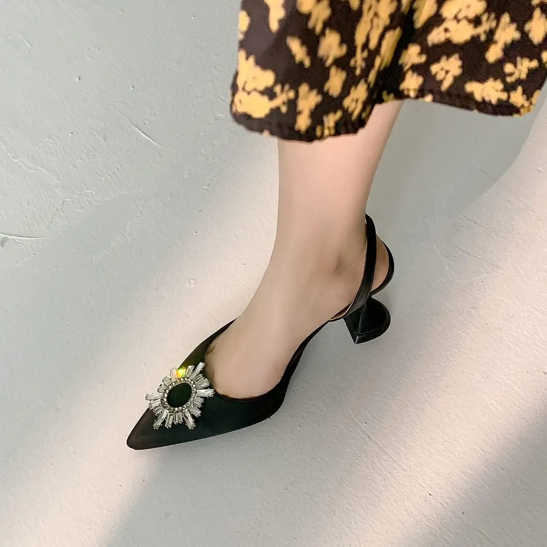VOKLIN Women's Fashion Rhinestone Slingback Dress Pumps Pointed Toe Kitten Heels Wedding Party Sandals Shoes