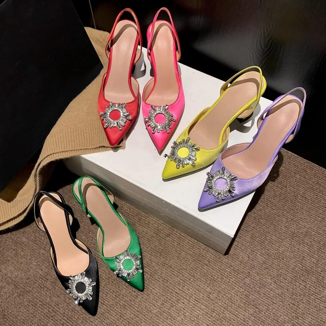 VOKLIN Women's Fashion Rhinestone Slingback Dress Pumps Pointed Toe Kitten Heels Wedding Party Sandals Shoes