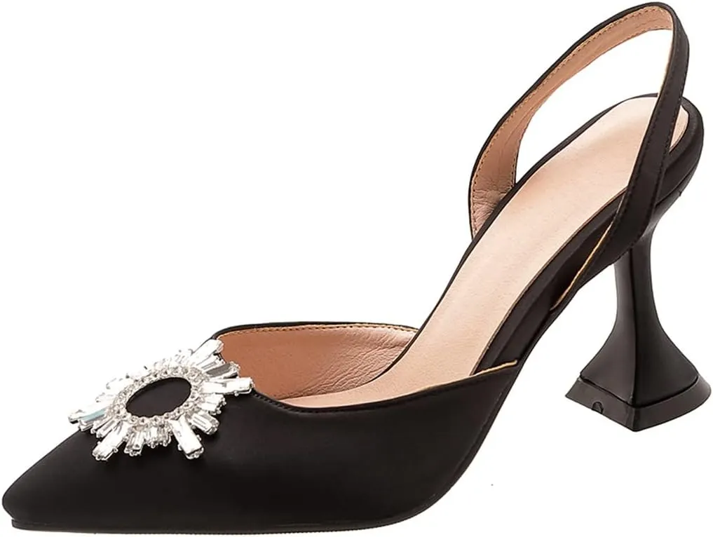 VOKLIN Women's Fashion Rhinestone Slingback Dress Pumps Pointed Toe Kitten Heels Wedding Party Sandals Shoes