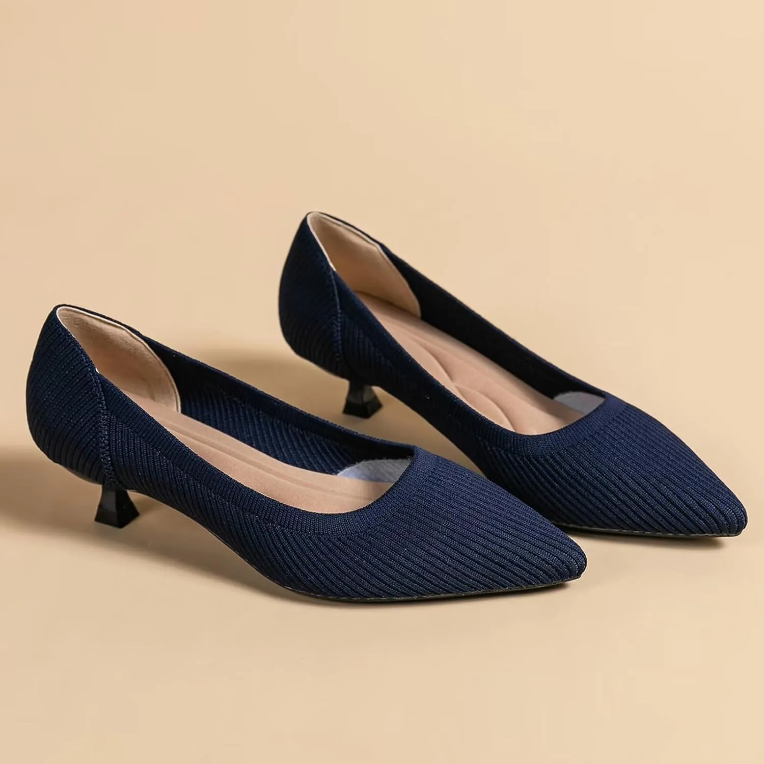 WENJIAZHIZHI Women's Pointy Toe Kitten Heels Classic Knit Pumps for Office Lady Comfortable Wedding Shoes Formal Dress Slip-ons