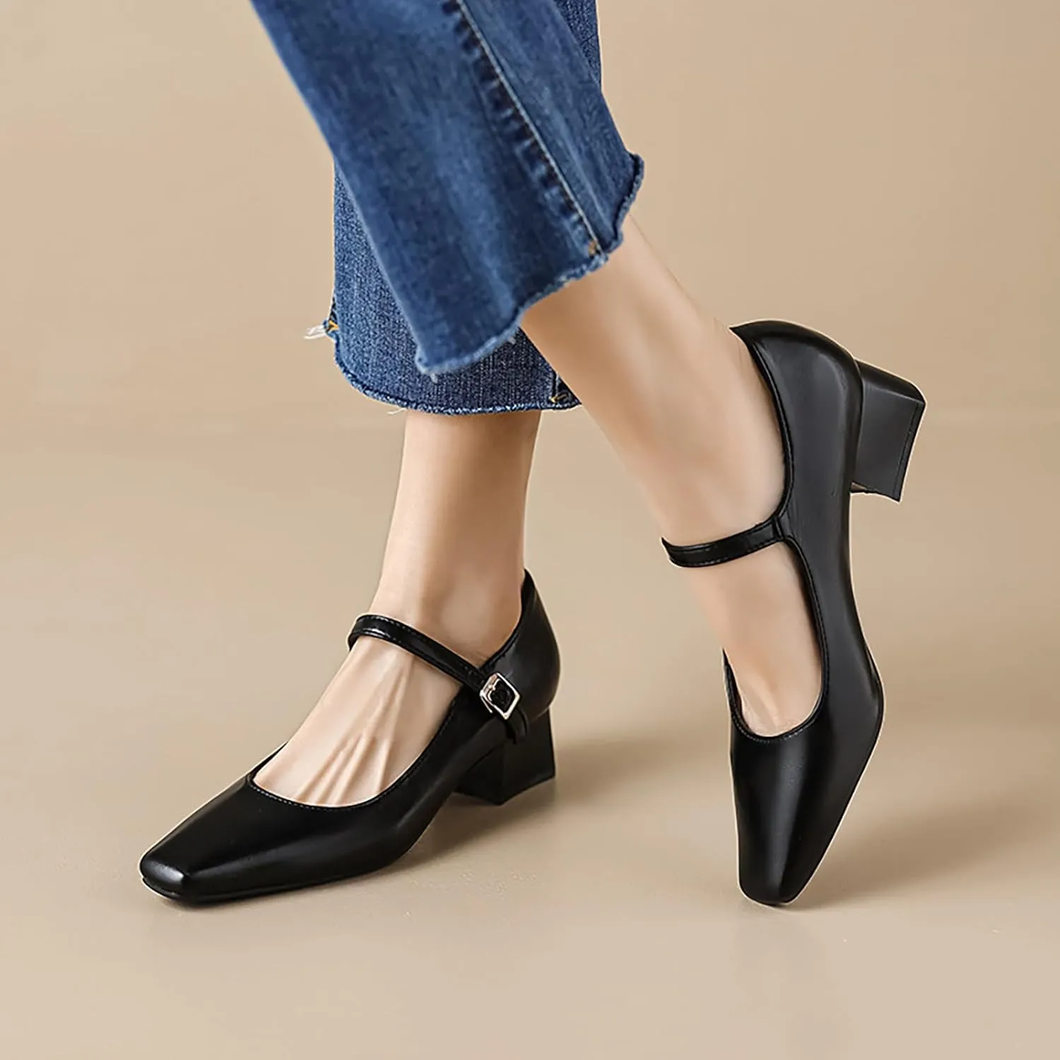 Women's Block Heel Mary Jane Pumps,Classic Square Toe Stacked Heels Slip-on Dress Shoes Retro Adjustable Buckle Comfortable Low Chunky Office Work Pump