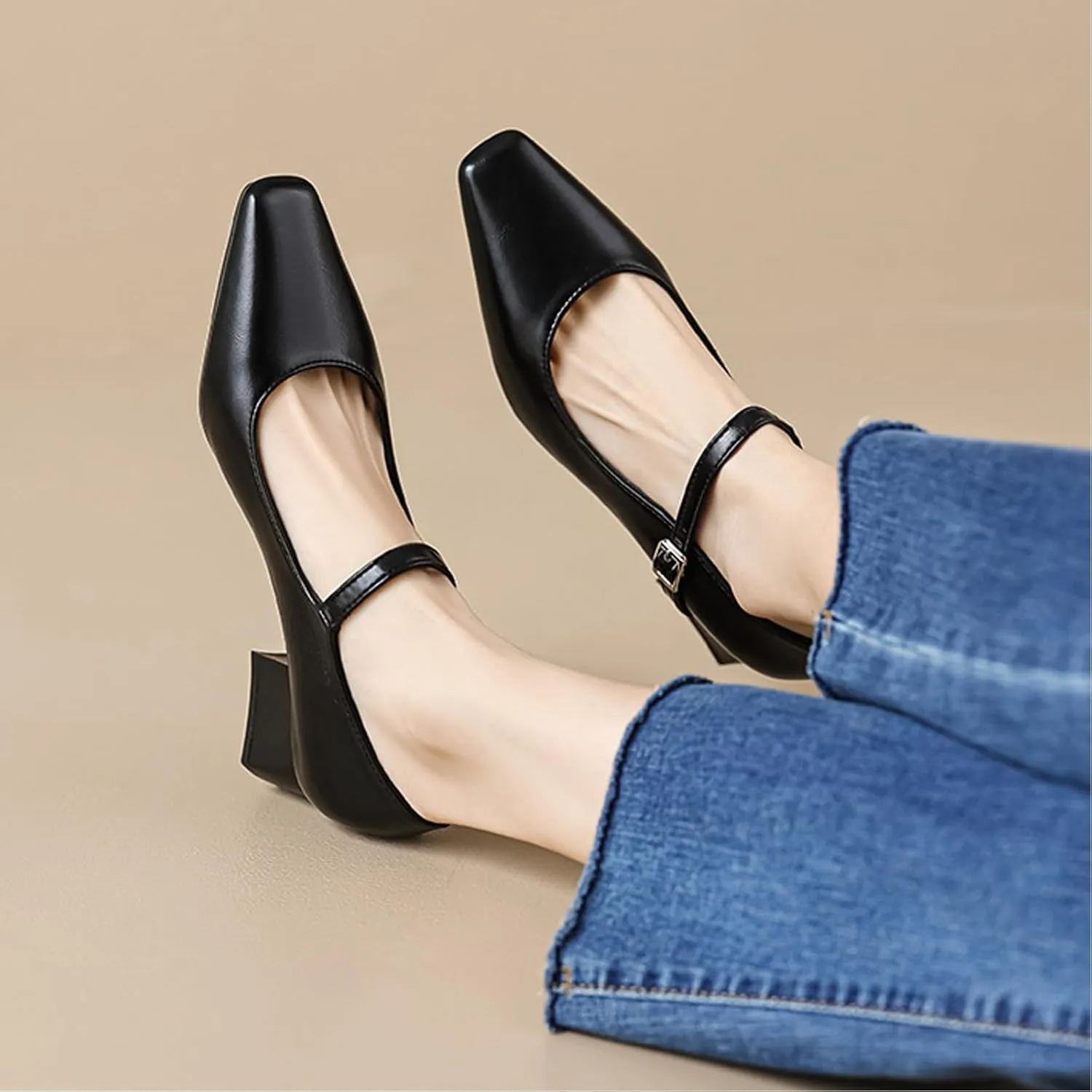 Women's Block Heel Mary Jane Pumps,Classic Square Toe Stacked Heels Slip-on Dress Shoes Retro Adjustable Buckle Comfortable Low Chunky Office Work Pump