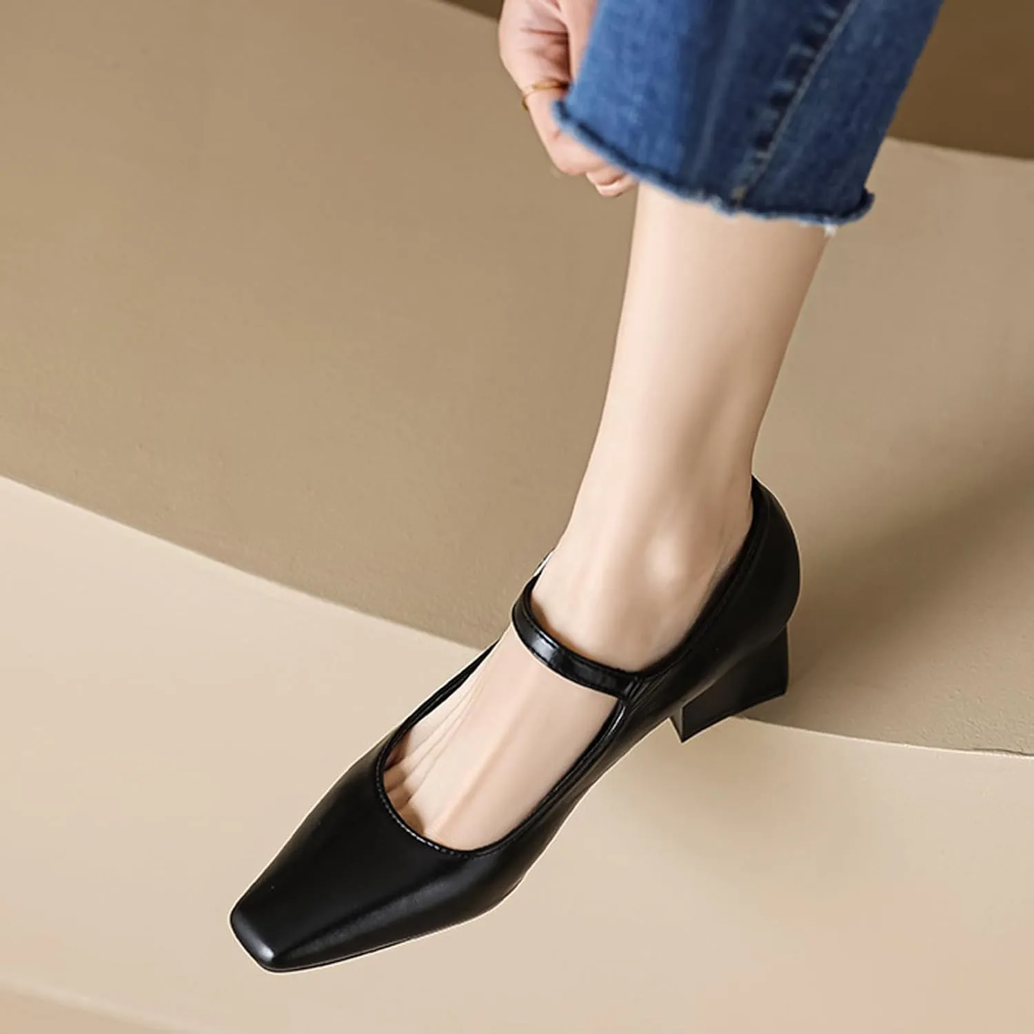 Women's Block Heel Mary Jane Pumps,Classic Square Toe Stacked Heels Slip-on Dress Shoes Retro Adjustable Buckle Comfortable Low Chunky Office Work Pump