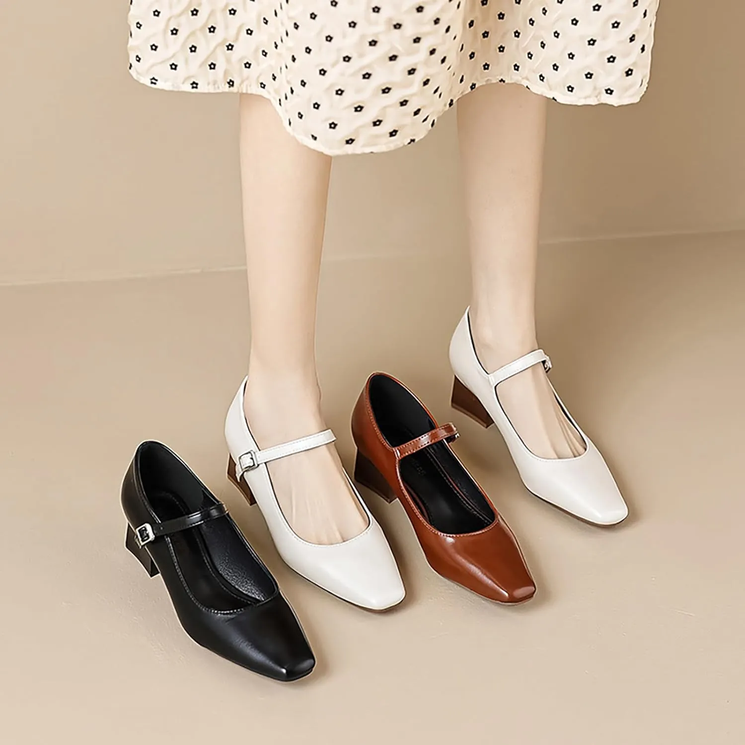 Women's Block Heel Mary Jane Pumps,Classic Square Toe Stacked Heels Slip-on Dress Shoes Retro Adjustable Buckle Comfortable Low Chunky Office Work Pump