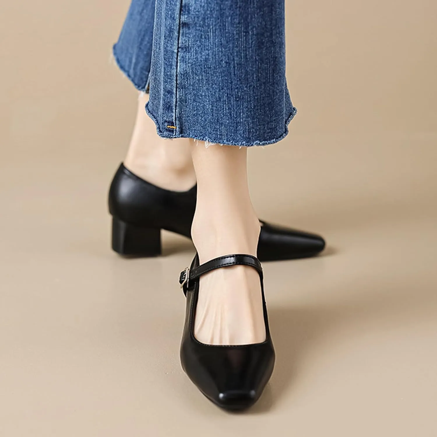 Women's Block Heel Mary Jane Pumps,Classic Square Toe Stacked Heels Slip-on Dress Shoes Retro Adjustable Buckle Comfortable Low Chunky Office Work Pump