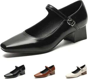 Women's Block Heel Mary Jane Pumps,Classic Square Toe Stacked Heels Slip-on Dress Shoes Retro Adjustable Buckle Comfortable Low Chunky Office Work Pump