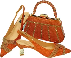 Women’S Champagne Rhinestone High Heels and Matching Bag Set with Spike Heel for Party
