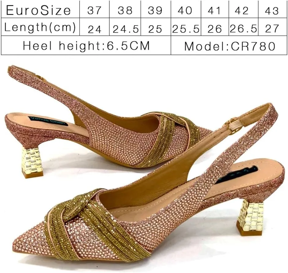 Women’S Champagne Rhinestone High Heels and Matching Bag Set with Spike Heel for Party