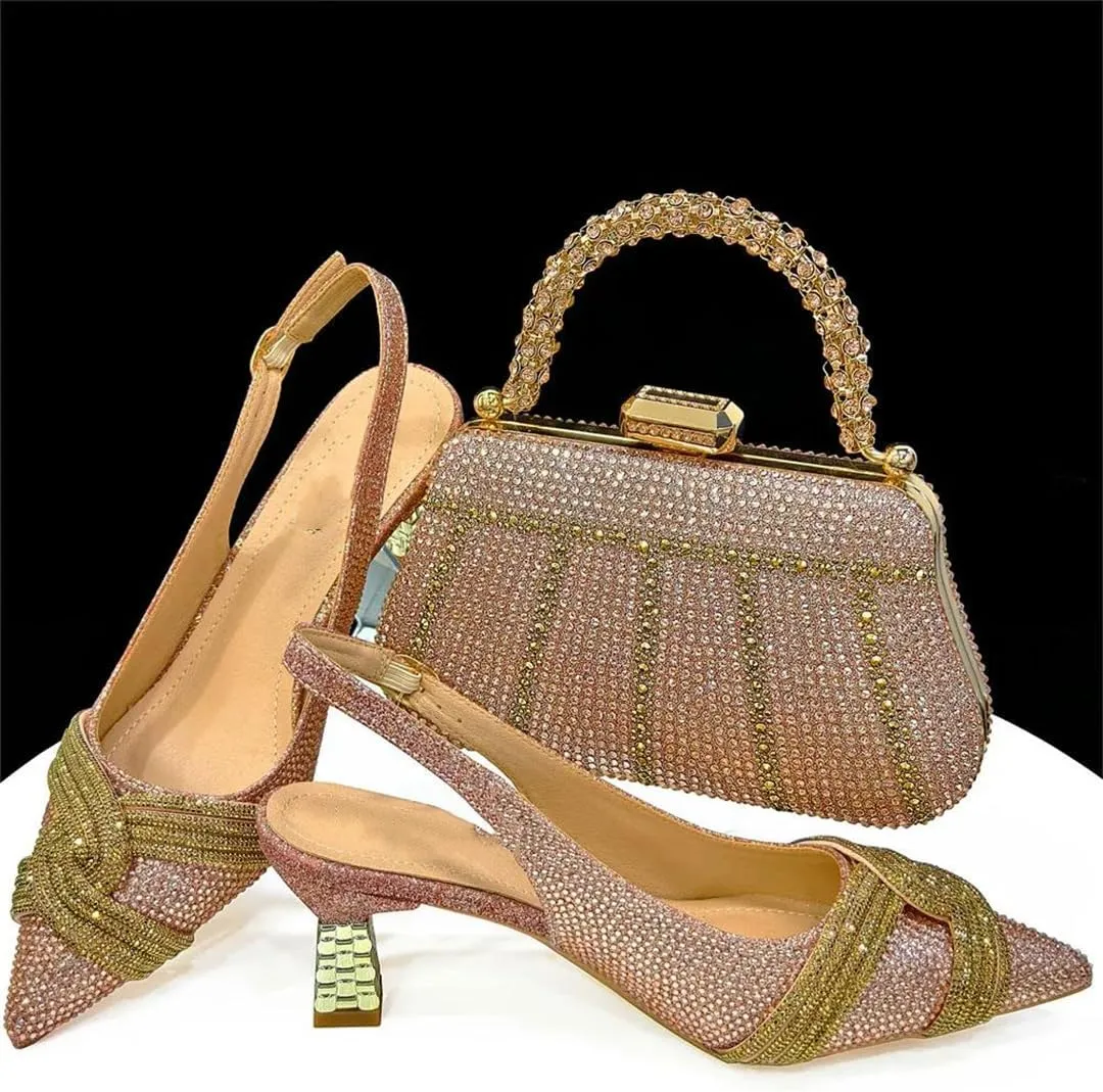 Women’S Champagne Rhinestone High Heels and Matching Bag Set with Spike Heel for Party