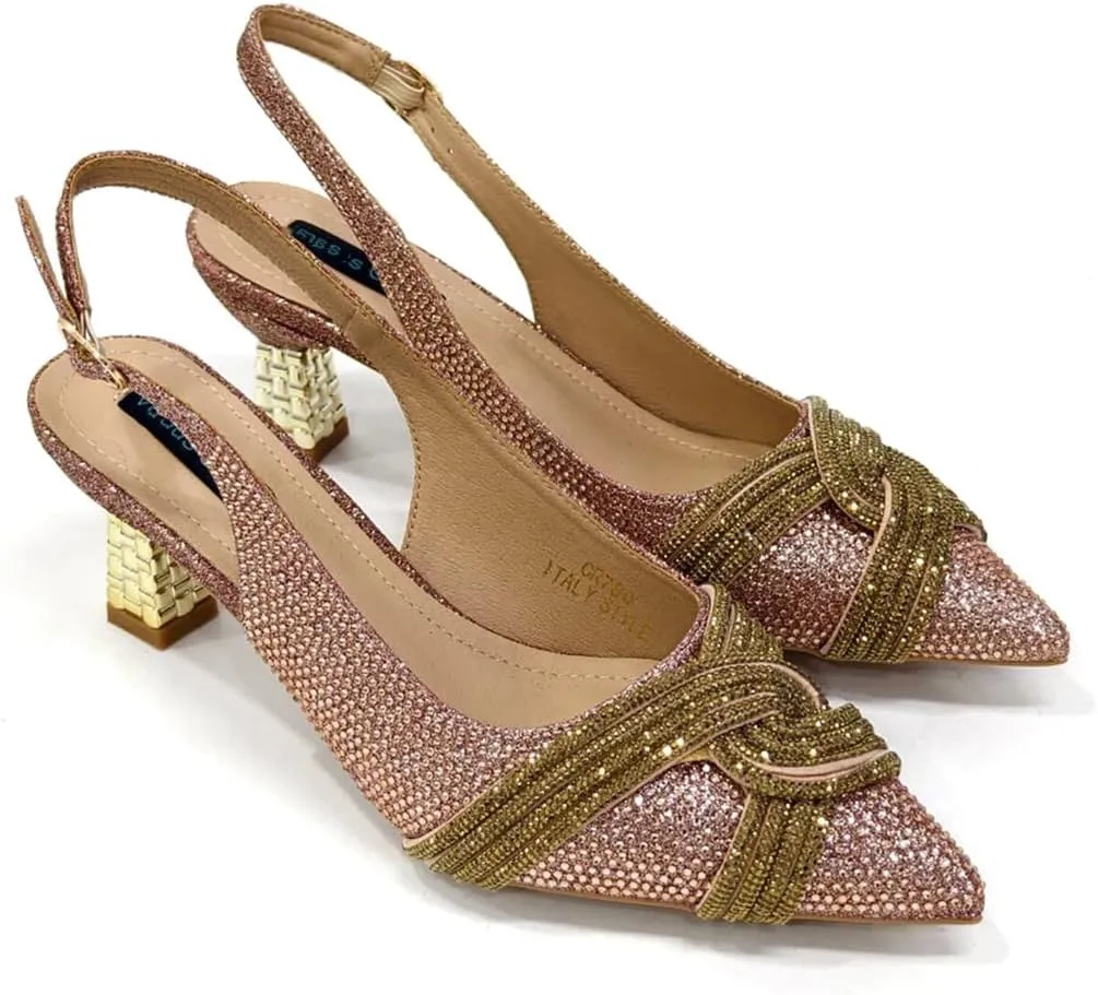 Women’S Champagne Rhinestone High Heels and Matching Bag Set with Spike Heel for Party