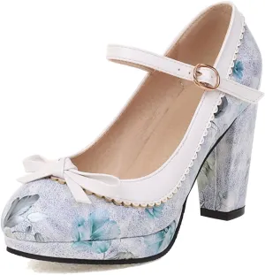 Women's Chunky Block High Heels Pumps Shoes Round Toe Platform Flowers Bow Mary Jane Dressy Shoes