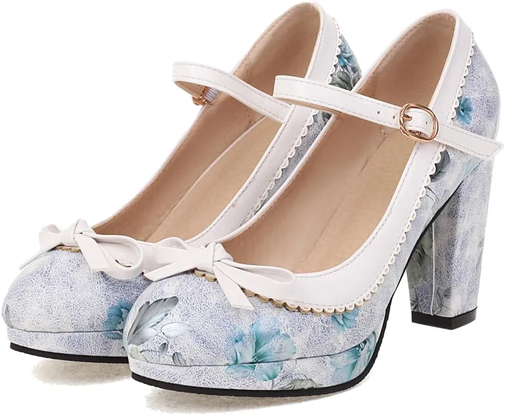 Women's Chunky Block High Heels Pumps Shoes Round Toe Platform Flowers Bow Mary Jane Dressy Shoes