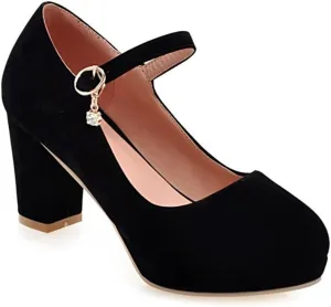 Women's Chunky High Block Heel Pumps Suede Round Toe Mary Jane Platform Casual Office Dress Shoes