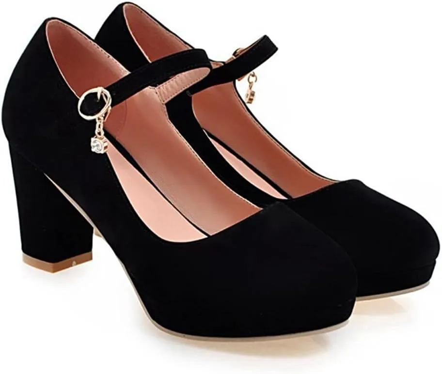 Women's Chunky High Block Heel Pumps Suede Round Toe Mary Jane Platform Casual Office Dress Shoes