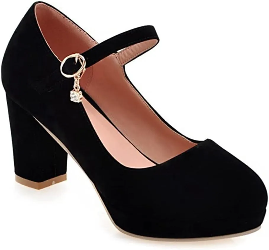 Women's Chunky High Block Heel Pumps Suede Round Toe Mary Jane Platform Casual Office Dress Shoes