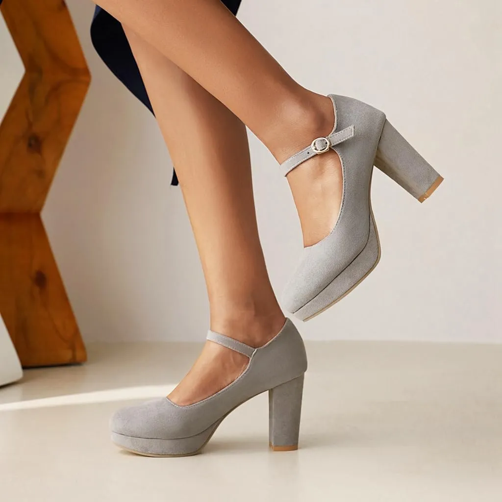Women's Chunky High Heels Pumps Shoes Round Toe Platform Suede Buckle Strap Mary Jane Dressy Shoe