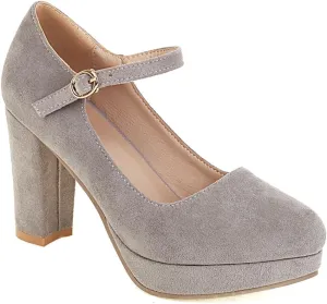 Women's Chunky High Heels Pumps Shoes Round Toe Platform Suede Buckle Strap Mary Jane Dressy Shoe