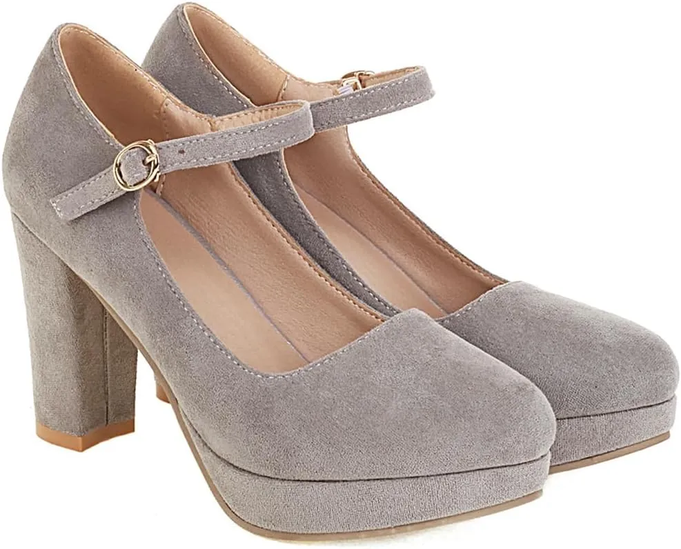 Women's Chunky High Heels Pumps Shoes Round Toe Platform Suede Buckle Strap Mary Jane Dressy Shoe