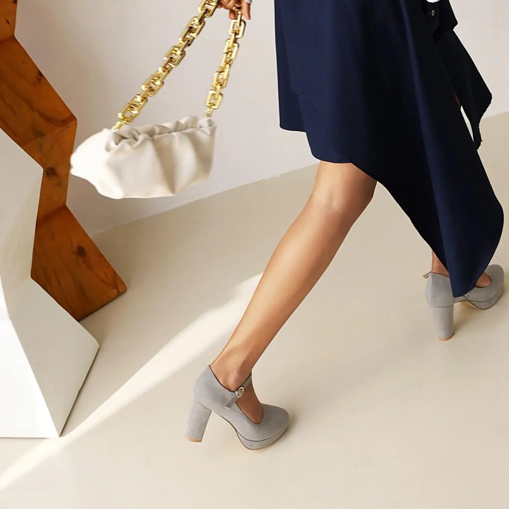 Women's Chunky High Heels Pumps Shoes Round Toe Platform Suede Buckle Strap Mary Jane Dressy Shoe