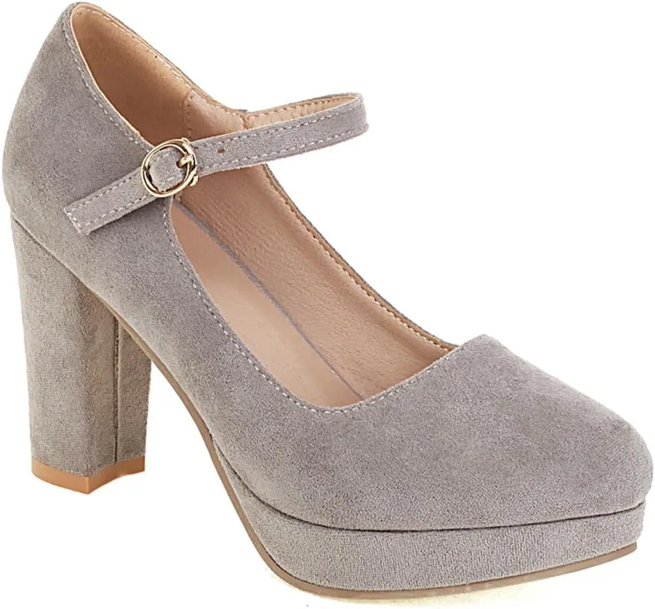 Women's Chunky High Heels Pumps Shoes Round Toe Platform Suede Buckle Strap Mary Jane Dressy Shoe