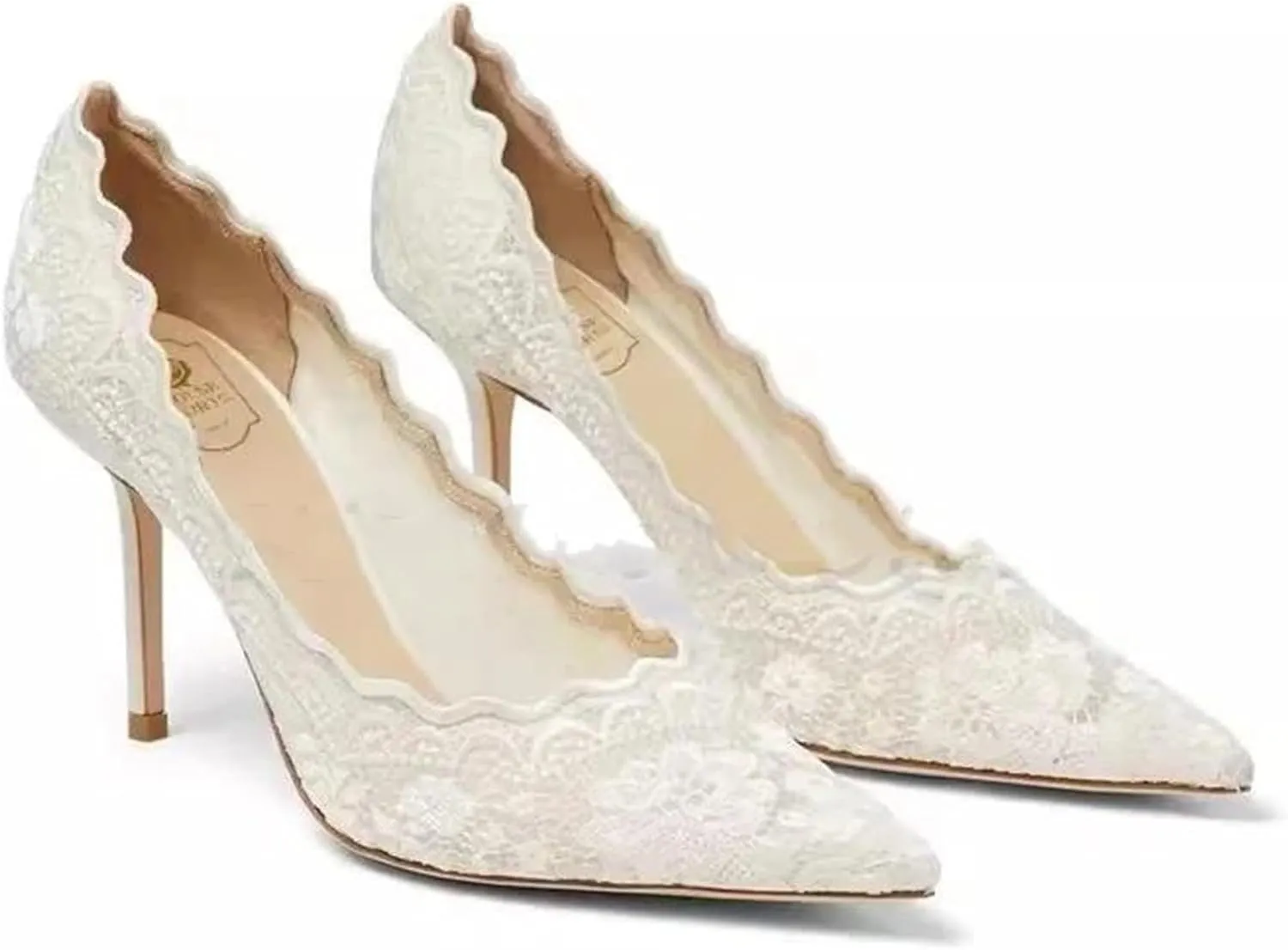 Women's Closed Toe White Heels Embroidered Ruffled Mesh Heels Slip On Party Wedding Pumps Shoes Business Casual Heels