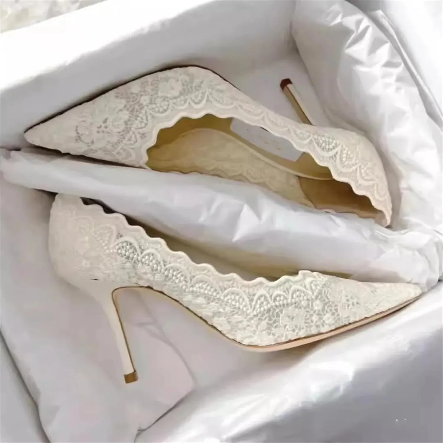 Women's Closed Toe White Heels Embroidered Ruffled Mesh Heels Slip On Party Wedding Pumps Shoes Business Casual Heels