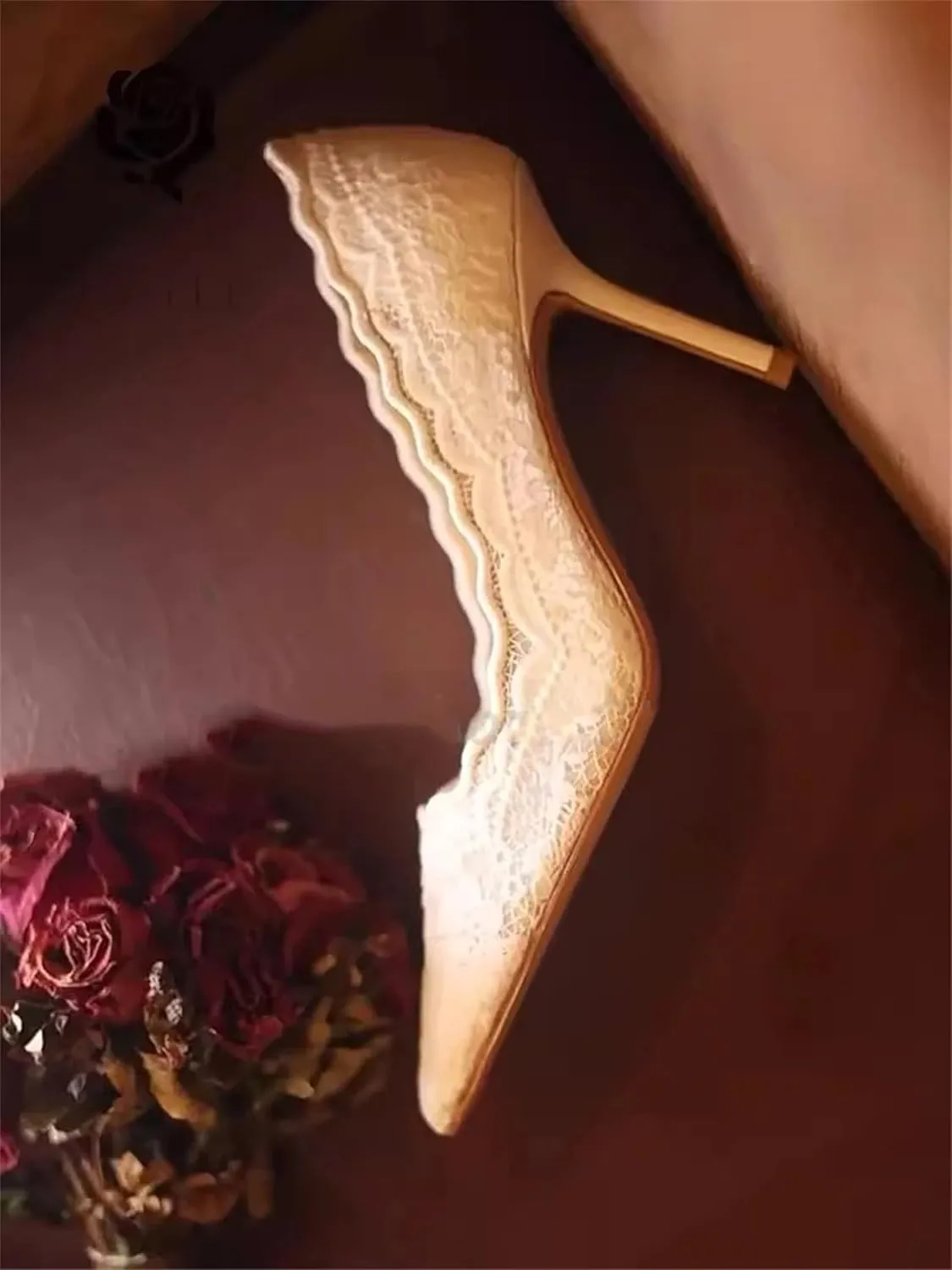 Women's Closed Toe White Heels Embroidered Ruffled Mesh Heels Slip On Party Wedding Pumps Shoes Business Casual Heels