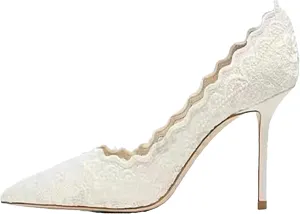 Women's Closed Toe White Heels Embroidered Ruffled Mesh Heels Slip On Party Wedding Pumps Shoes Business Casual Heels