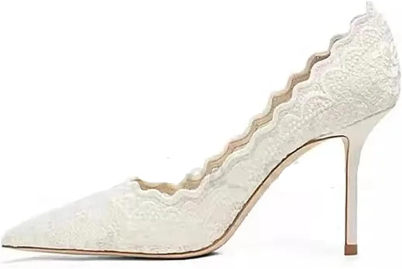Women's Closed Toe White Heels Embroidered Ruffled Mesh Heels Slip On Party Wedding Pumps Shoes Business Casual Heels