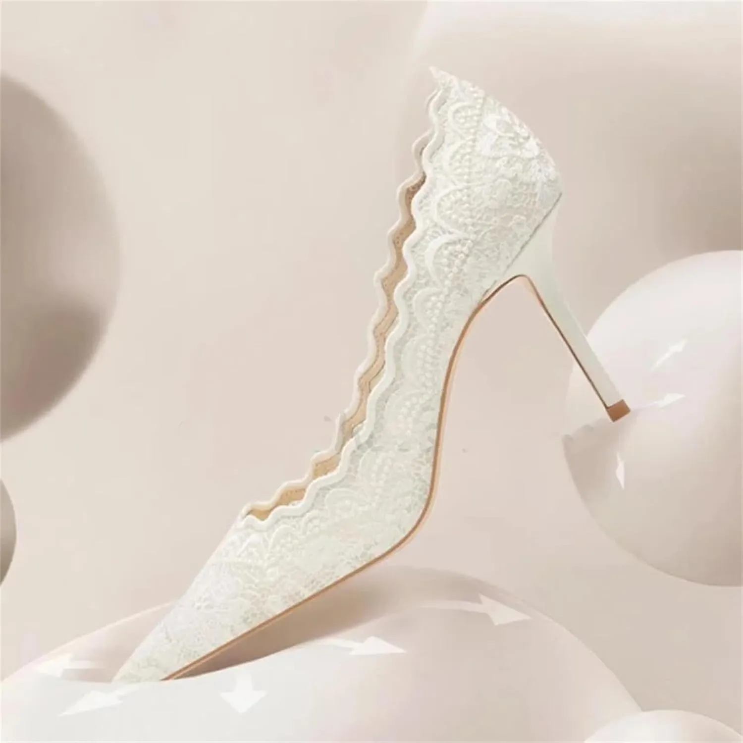 Women's Closed Toe White Heels Embroidered Ruffled Mesh Heels Slip On Party Wedding Pumps Shoes Business Casual Heels