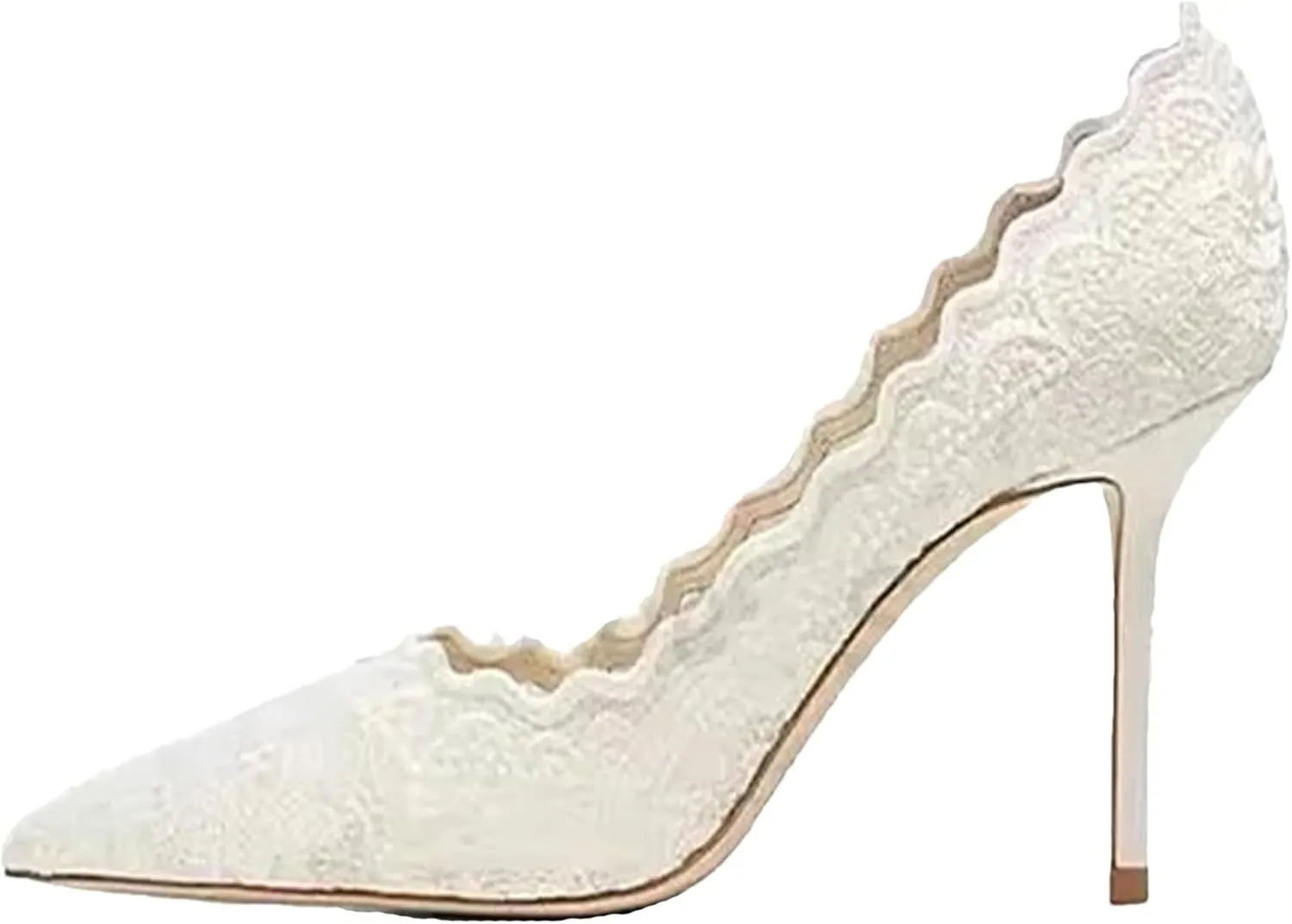 Women's Closed Toe White Heels Embroidered Ruffled Mesh Heels Slip On Party Wedding Pumps Shoes Business Casual Heels