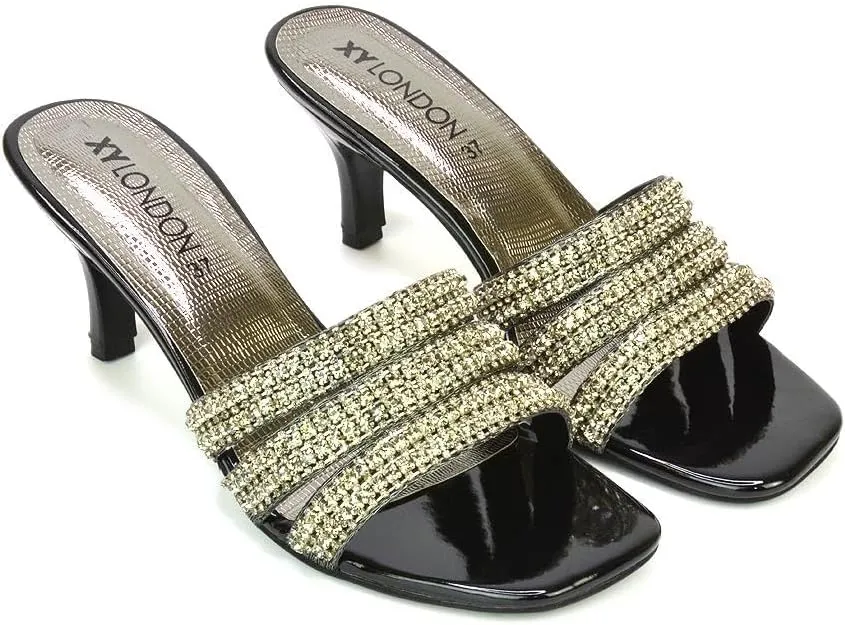 Womens Crystal Embellished Kitten Heel Sandals Ladies Slip On Sparkly Diamante Stiletto Mule Shoes Size 5-10