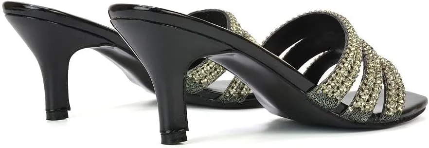 Womens Crystal Embellished Kitten Heel Sandals Ladies Slip On Sparkly Diamante Stiletto Mule Shoes Size 5-10