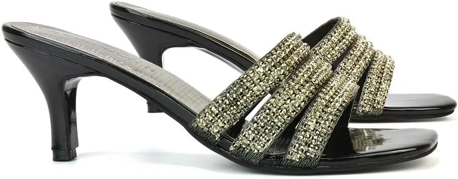 Womens Crystal Embellished Kitten Heel Sandals Ladies Slip On Sparkly Diamante Stiletto Mule Shoes Size 5-10
