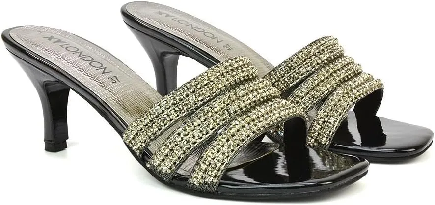 Womens Crystal Embellished Kitten Heel Sandals Ladies Slip On Sparkly Diamante Stiletto Mule Shoes Size 5-10