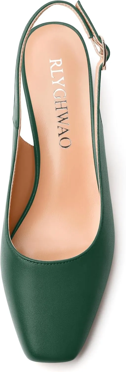 Womens Fashion Buckle Slingback Pumps, Square Closed Toe Chunky Heel Solid Matte Shoes for Women 1.3 inch