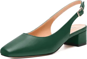 Womens Fashion Buckle Slingback Pumps, Square Closed Toe Chunky Heel Solid Matte Shoes for Women 1.3 inch