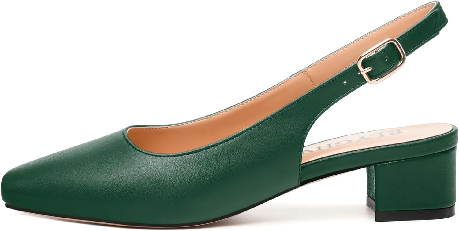 Womens Fashion Buckle Slingback Pumps, Square Closed Toe Chunky Heel Solid Matte Shoes for Women 1.3 inch