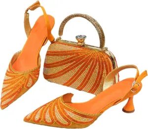 Women’S Gorgeous Diamond-Studded Pumps and Matching Bag Set for Party Streamline Slingbacks