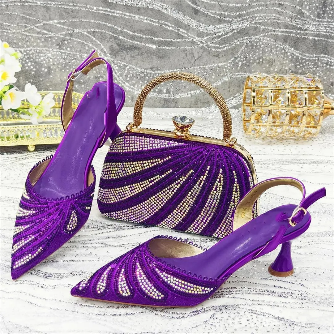 Women’S Gorgeous Diamond-Studded Pumps and Matching Bag Set for Party Streamline Slingbacks