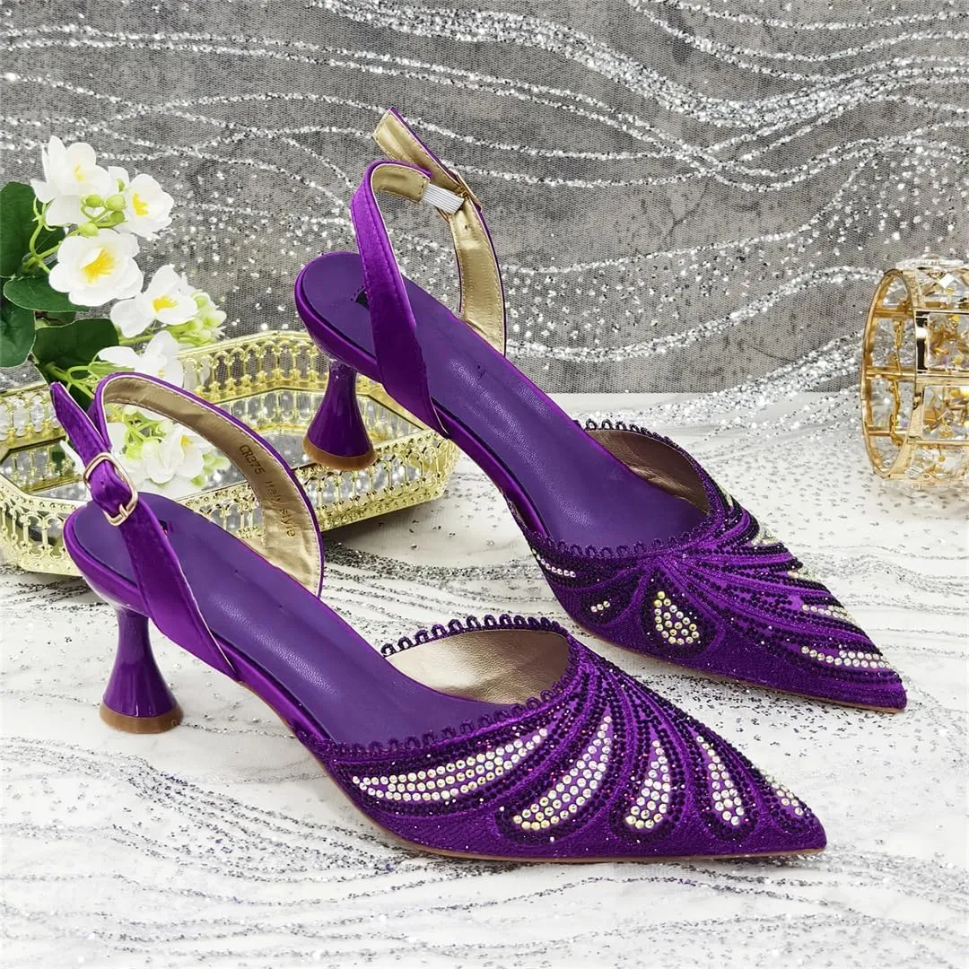 Women’S Gorgeous Diamond-Studded Pumps and Matching Bag Set for Party Streamline Slingbacks