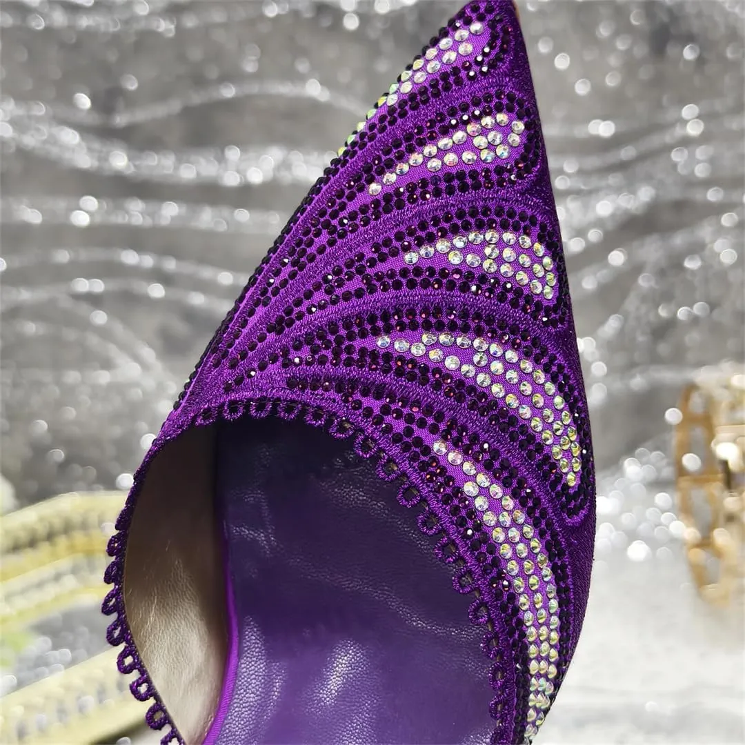 Women’S Gorgeous Diamond-Studded Pumps and Matching Bag Set for Party Streamline Slingbacks